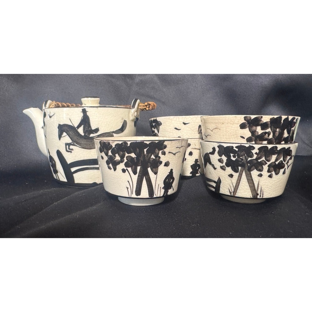 Vintage Japanese Crackle Glaze Tea Set Horse Rider Hand Painted Teapot 5 Cups
